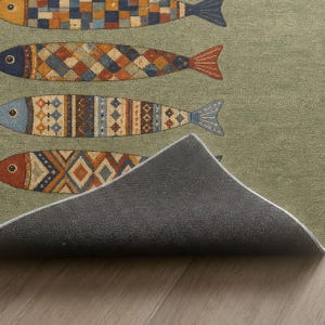 a rug with a vibrant design of colorful fish on a green background.