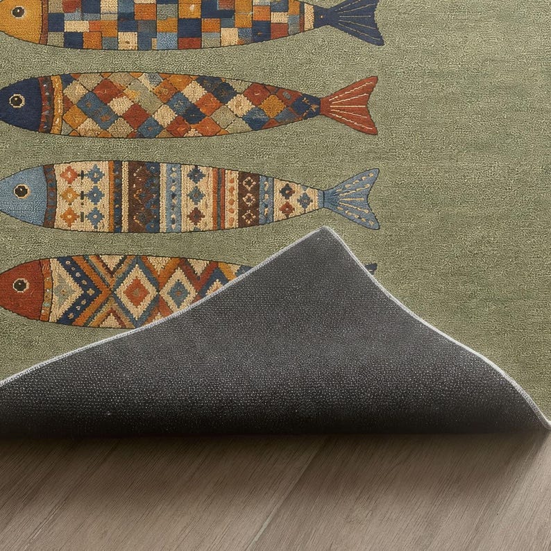 a rug with a vibrant design of colorful fish on a green background.