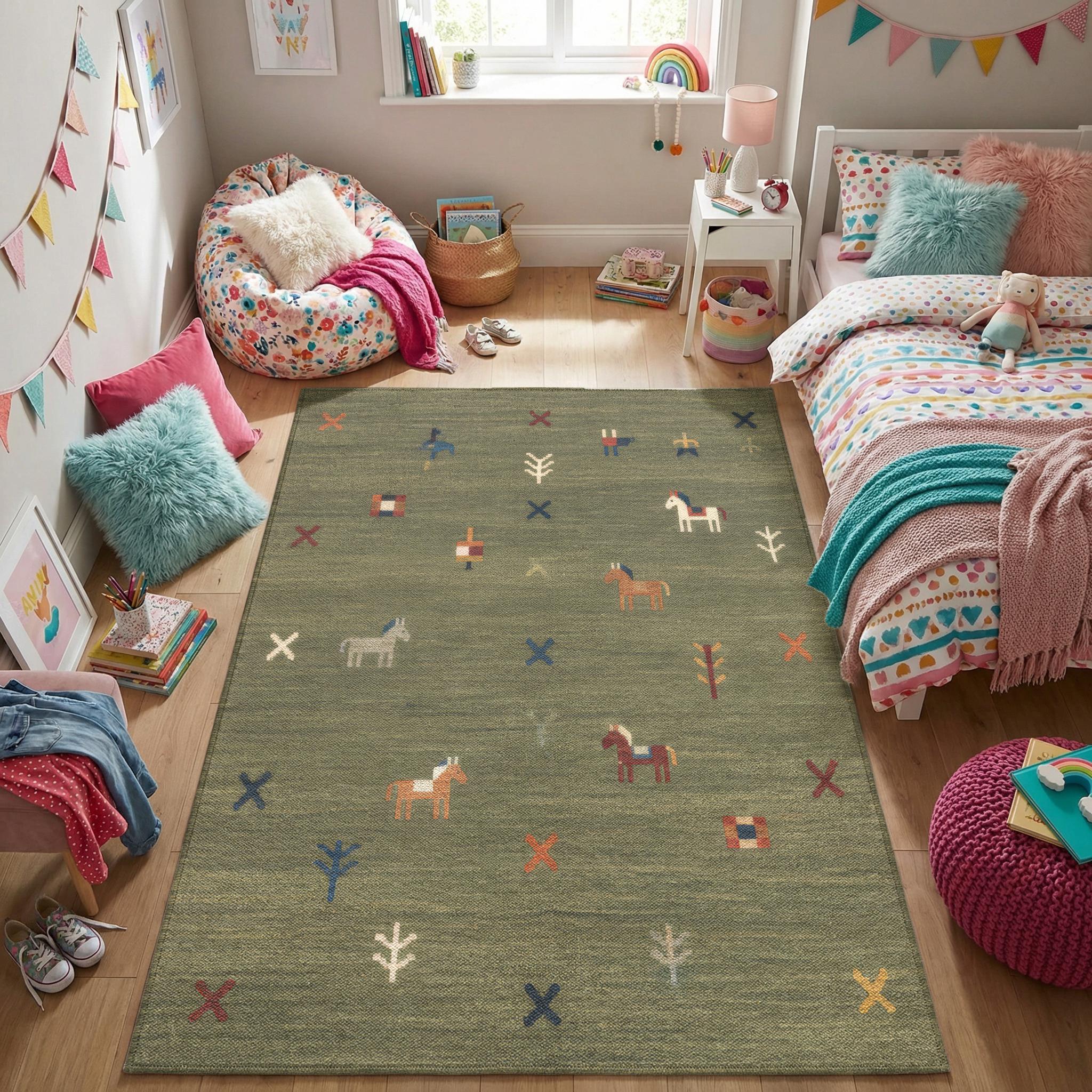 Kids Ranch Rug Green Horse Kids Rug — Folk Animal Tribal Bedroom Playroom Carpet - Etsy