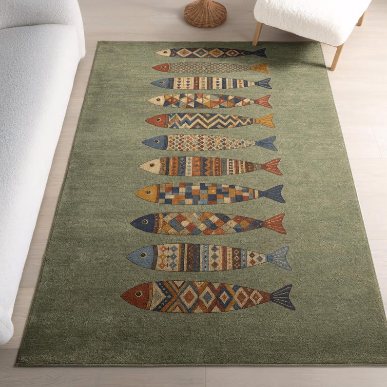 a green rug with a unique fish design on it, placed on a wooden floor next to a white couch.