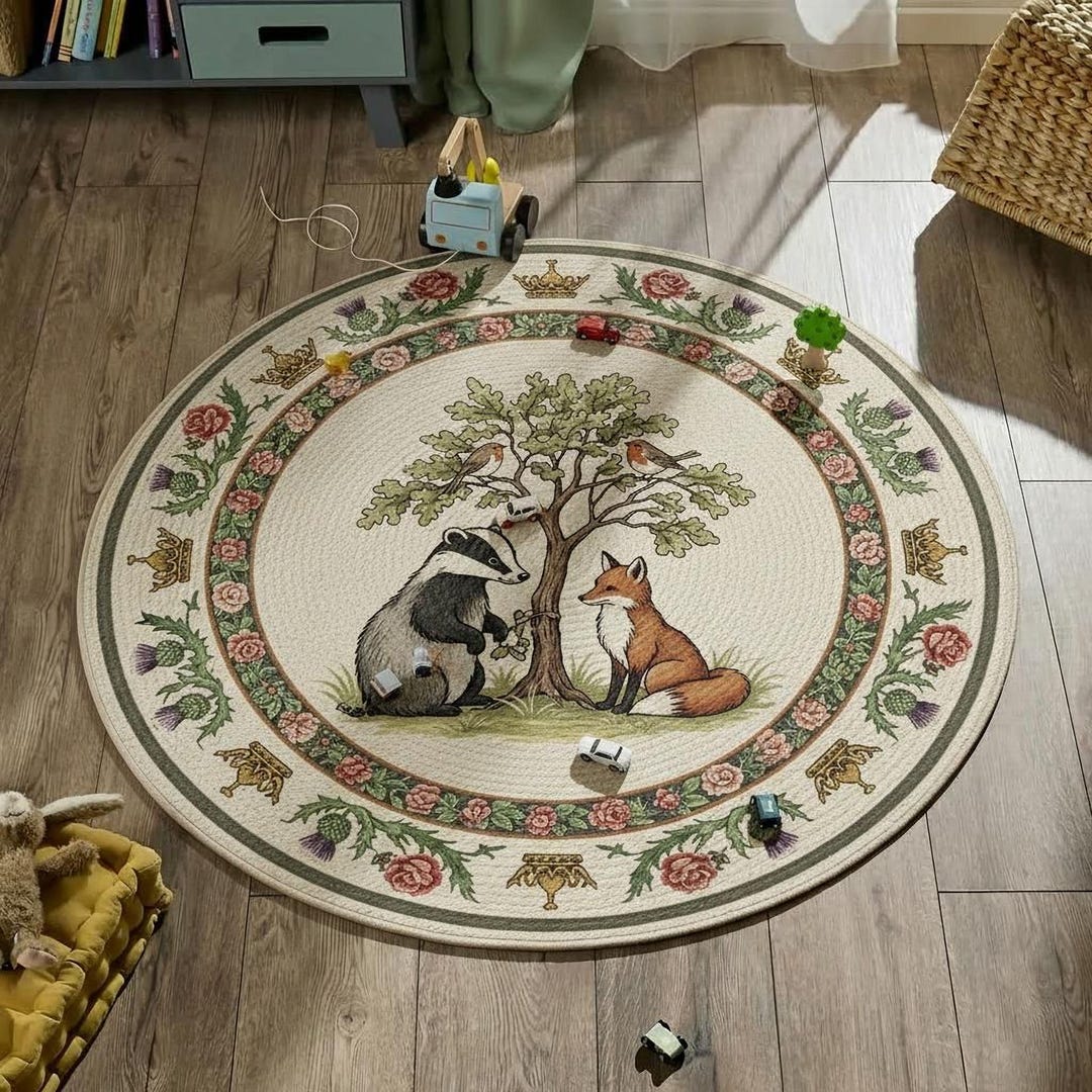 Badger Rug Fox Badger Round Rug, Woodland Animals Floral Nursery Print, Kids ...