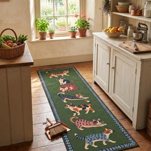 May include: A rectangular runner rug featuring a deep green background with a repeating pattern of seven stylized cats in various poses and colors, including orange, blue, and pink, framed by a decorative blue and white geometric border.
