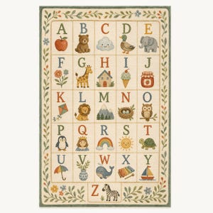 May include: A rectangular area rug featuring an alphabet grid with illustrations for each letter, including an apple, bear, cloud, duck, elephant, flower, giraffe, house, ice cream, jam, kite, lion, mountain, nest, owl, penguin, queen, rainbow, sun, turtle, umbrella, vase, whale, xylophone, yacht, and zebra, all framed by a green leaf border.
