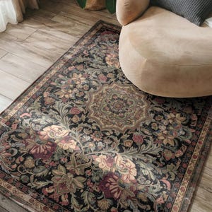 Black Floral Area Rug — Dark Aubusson Peony Medallion Vintage Carpet