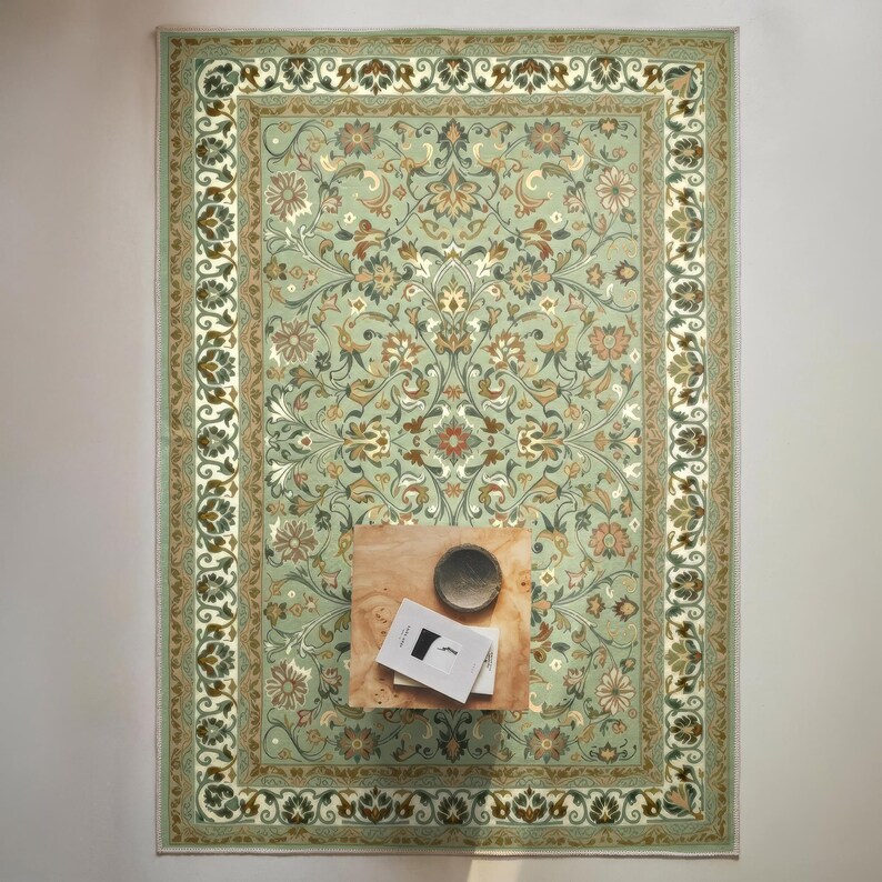 Vintage Floral Area Rug, Sage Green Botanical Pattern (living Room Size ...