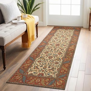 Ivory Persian Floral Hallway Runner Rug — Red Border Kitchen Carpet