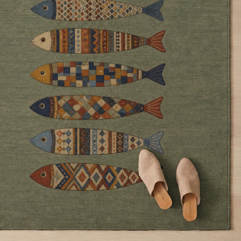 a rug with a fish design, and there are beige shoes placed on the rug.