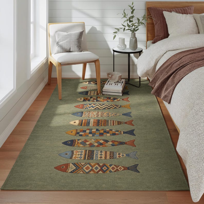 a cozy bedroom scene with a bed, a chair, and a rug featuring a fish design. The room has white walls and a wooden floor, creating a warm and inviting atmosphere.