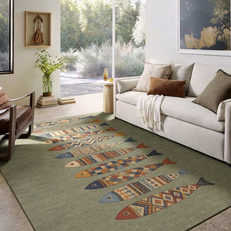 a cozy living room with a large window overlooking a garden. The room is furnished with a white sofa, a wooden coffee table, and a colorful fish-patterned rug. The room is decorated with various books, a vase of flowers, and a painting on the wall.