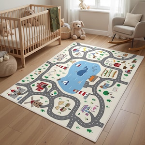 Kids Road Play Rug — City Map Town & Farm Playroom Carpet for Nursery