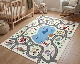 Alfombra de juegos infantil con mapa de la ciudad y la granja para la sala de juegos de la guardería.