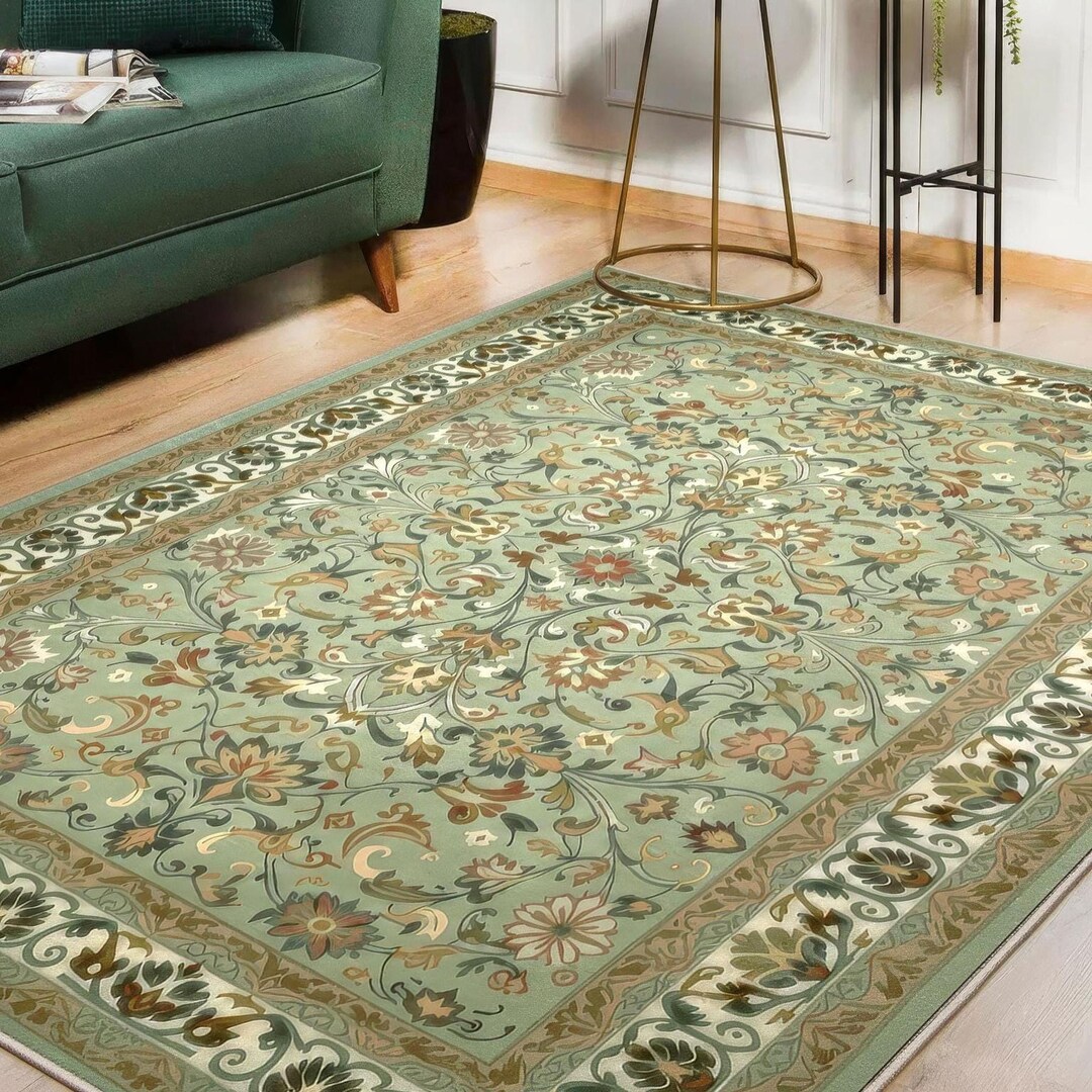 Vintage Floral Area Rug, Sage Green Botanical Pattern (living Room Size ...