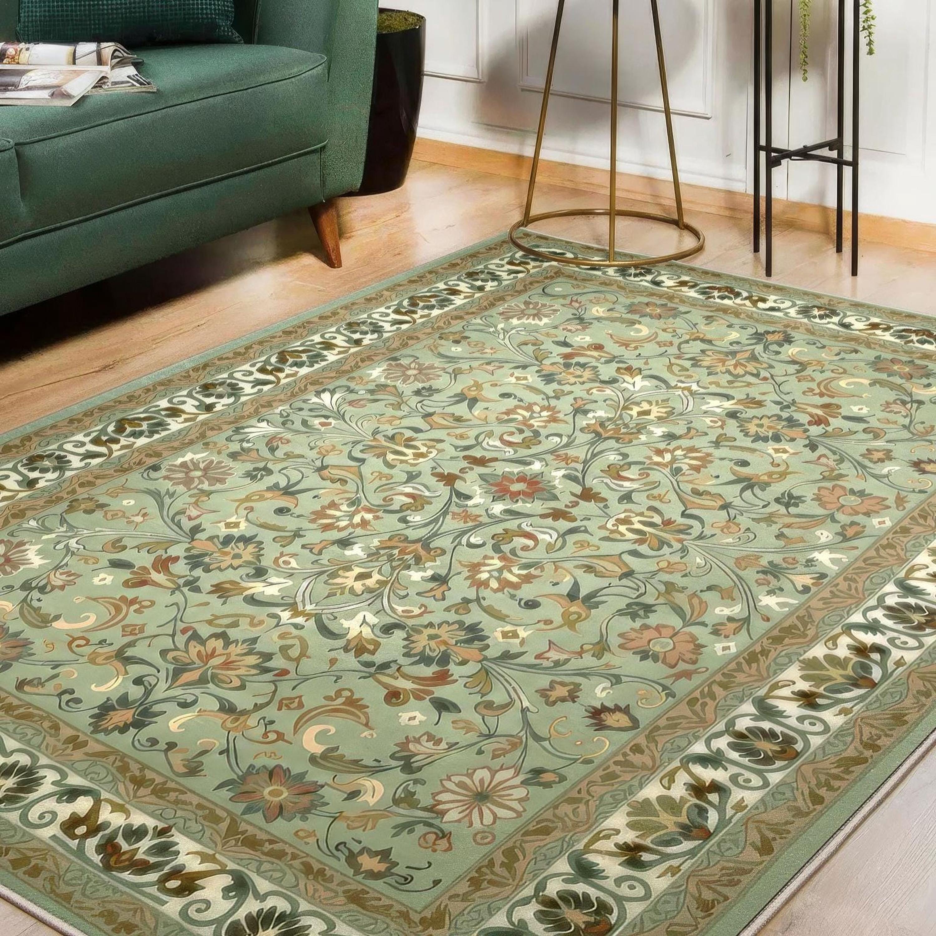 Vintage Floral Area Rug, Sage Green Botanical Pattern (living Room Size ...