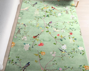 Chinoiserie Bird Area Rug, Vintage Botanical Floral Green Branch Print, Eclectic Decor