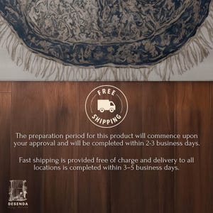 The image is a promotional advertisement for a product, featuring a rug with a fringe design and a shipping label. The ad highlights that the preparation period for the product will commence upon approval and will be completed within 2-3 business days, with fast shipping provided for all locations.