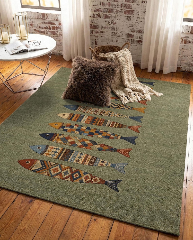 a cozy living room with a rug featuring a fish design, a round table, and a basket of blankets.