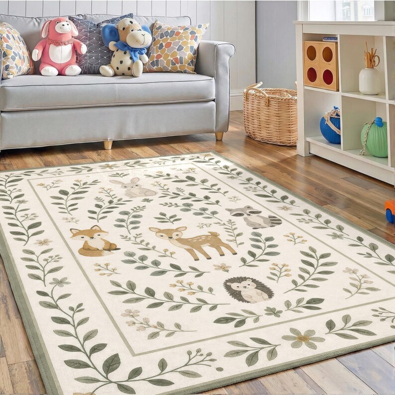 a cozy living room with a gray couch, a rug featuring a forest scene, and various stuffed animals and decorative items.