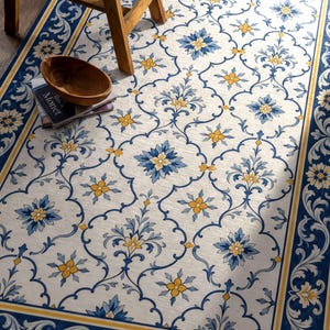 Blue White Floral Rug, Mediterranean Tile Azulejo Yellow Ogee Bordered Carpet