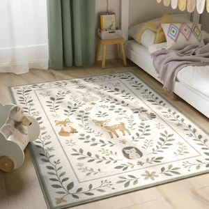 a cozy and charming bedroom scene, featuring a bed with a white comforter and colorful pillows, a rug with a forest scene, and a small table with a basket and a lamp.