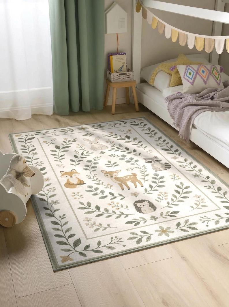 a cozy and charming bedroom scene, featuring a bed with a white comforter and colorful pillows, a rug with a forest scene, and a small table with a basket and a lamp.