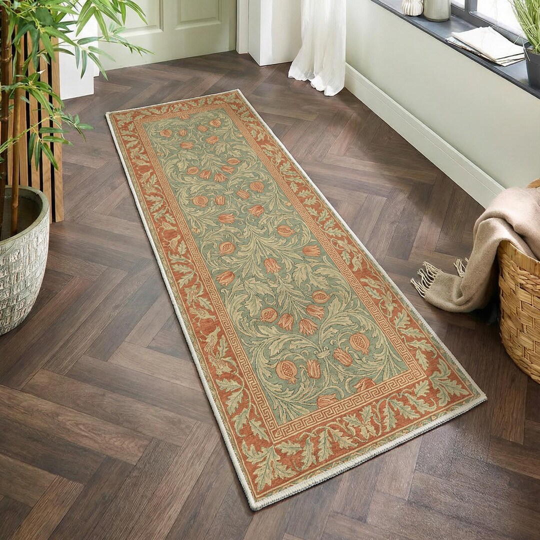 Handcrafted Sage Green Floral William Morris Style Runner Washable ...