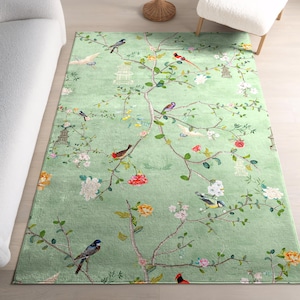 Chinoiserie Vogel Teppich, Vintage Botanischer Grüner Zweig mit Blumenmuster, Eklektisches Dekor