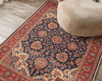 Tappeto persiano floreale blu navy — Tappeto Kashan con bordo rosso terracotta