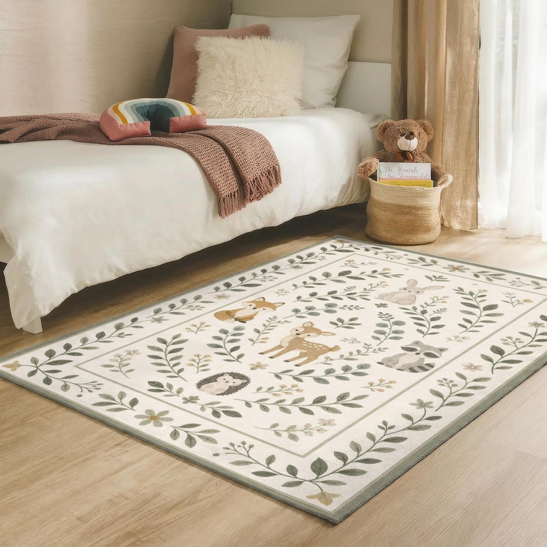 a cozy bedroom scene with a bed, a stuffed teddy bear, and a rug featuring a forest-themed design.