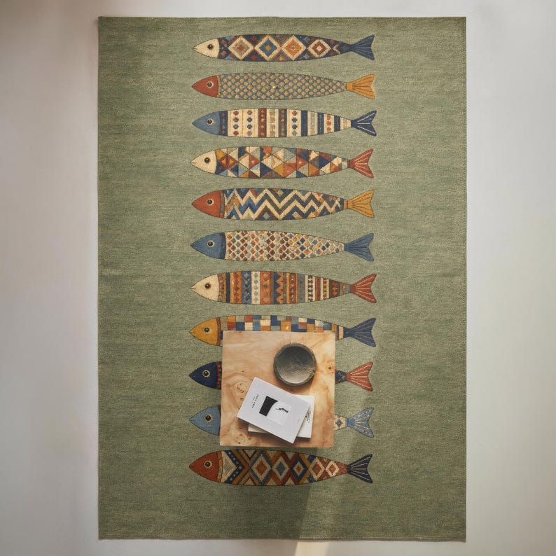 a vibrant rug with a unique fish design, including various colors and patterns, laid out on a wall.