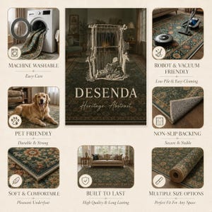 The image is a collage of various images showcasing the Desenda rug, highlighting its features and benefits.