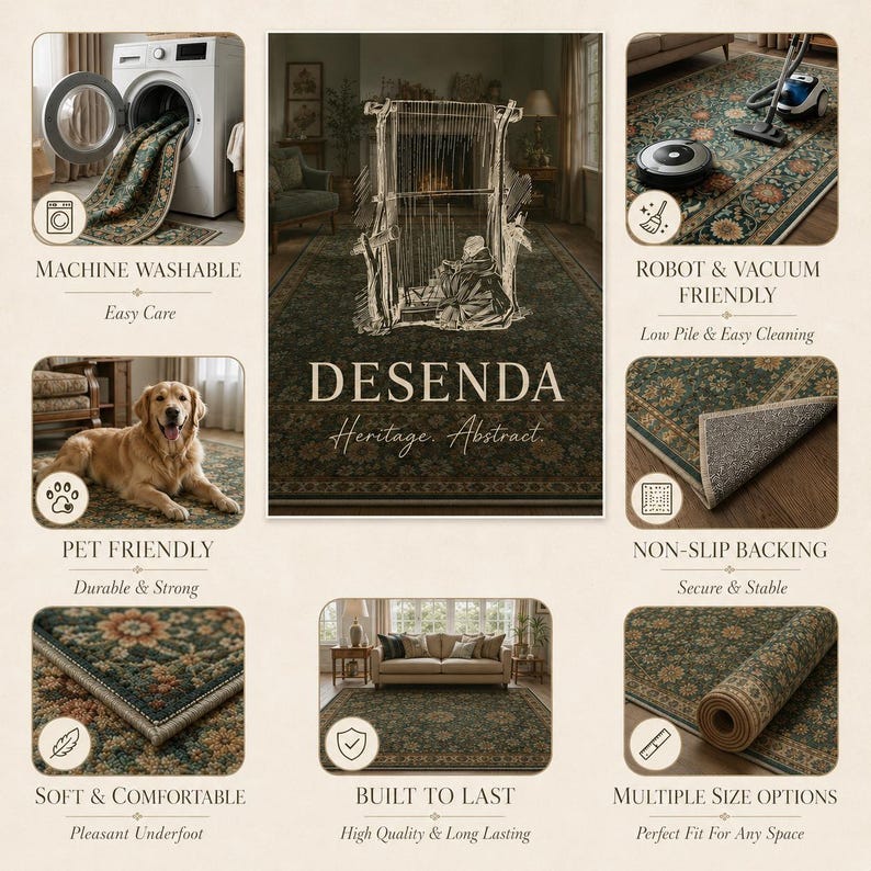 The image is a collage of various images showcasing the Desenda rug, highlighting its features and benefits.