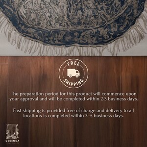 The image is a promotional advertisement for a product, featuring a rug with a fringe design and a shipping label. The ad highlights that the preparation period for the product will commence upon approval and will be completed within 2-3 business days, with fast shipping provided for all locations.