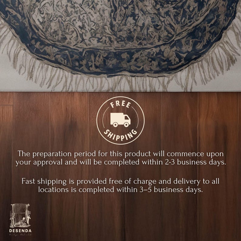 The image is a promotional advertisement for a product, featuring a rug with a fringe design and a shipping label. The ad highlights that the preparation period for the product will commence upon approval and will be completed within 2-3 business days, with fast shipping provided for all locations.