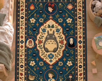 Anime Spirit Rug, Japanese Forest Guardian Persian Floral Print, Maximalist Decor