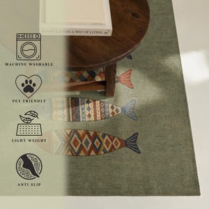 Kilim Fish Rug, Sage Green Tribal Patterned Sardine Print, Boho Coastal Decor image 5