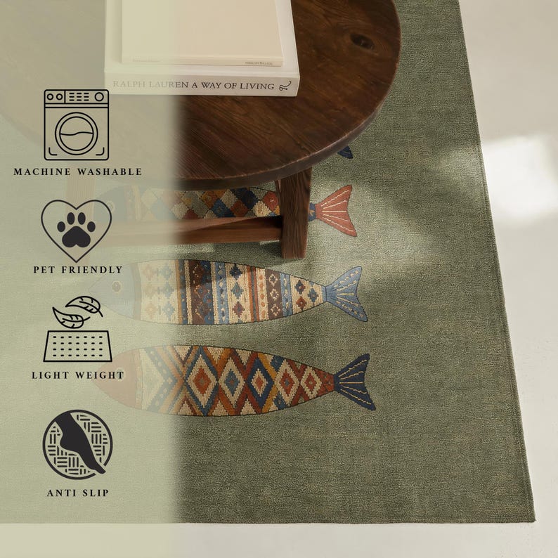 Kilim Fish Rug, Sage Green Tribal Patterned Sardine Print, Boho Coastal Decor image 5