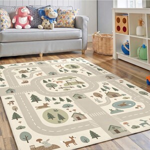 Alfombra infantil con diseño de camino, tapete de juegos con estampado de pueblo en el bosque para guardería, decoración escandinava.