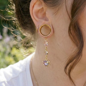 Rosaria Noctis – Gothic Twilight Dangle Gauges 6-38mm| Gold-Tone Stainless Steel Mauve Rose Gem Plugs | Handmade Baroque Twilight Relic