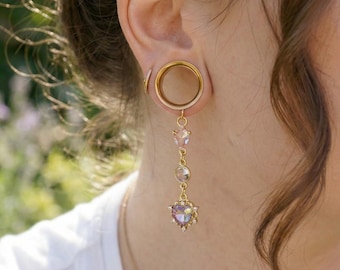Rosaria Noctis – Gothic Twilight Dangle Gauges 6-25mm| Gold-Tone Stainless Steel Mauve Rose Gem Plugs | Handmade Baroque Twilight Relic