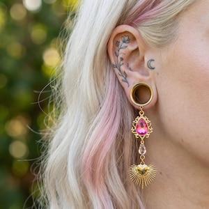 Gothic Baroque Sacred Pink Heart Ruby Ear Gauges – Handmade Dangling Plugs (6–38mm)