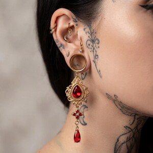 Gothic Ruby Ear Gauges – Scarlet Red & Gold  6-38mm