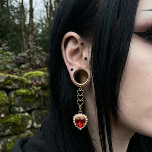 Gold Red Ruby Heart Ear Plugs – Gothic Baroque Jewelry, Valentine's Gift
