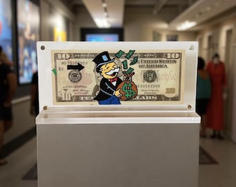 MONOP : acrylique peinte à la main sur un billet de 10 dollars livré avec cadre et un certificat d'authenticité