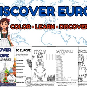 Puede incluir: Un libro para colorear para niños titulado "Discover Europe" con ilustraciones de monumentos europeos y ropa tradicional. La portada presenta a una niña con traje tradicional y el texto "Color, Learn, Discover" y "Ages 4-9".