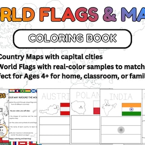 Puede incluir: Un libro para colorear "World Flags & Maps" con un mapa del mundo de fondo. El libro incluye 50 mapas de países con capitales y 50 banderas del mundo con muestras de color. Apto para niños a partir de 4 años.