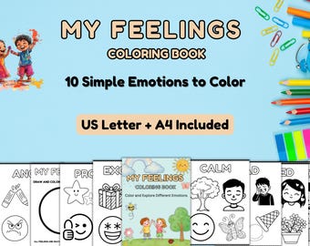 May include: A coloring book titled "MY FEELINGS" with the subtitle "COLORING BOOK" and "10 Simple Emotions to Color". The book includes US Letter and A4 sizes. The cover features illustrations of children and emotions.