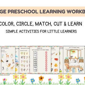 May include: An 11-page preschool learning workbook with the text "COLOR, CIRCLE, MATCH, CUT & LEARN" and "SIMPLE ACTIVITIES FOR LITTLE LEARNERS". The workbook features colorful illustrations and activities for children ages 3-5.