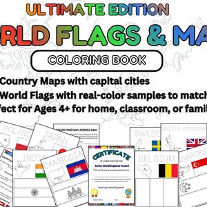 100 World Flags and Maps Coloring Book Ultimate Edition, Learn Geography with Capital Cities, Printable Kids Activity, Homeschool PDF PNG