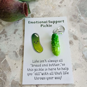 Könnte beinhalten: Ein grüner Gurkenanhänger mit einem silbernen Verschluss neben einer Karte mit der Aufschrift "Emotional Support Pickle". Die Karte zeigt eine Cartoon-Gurke und eine Botschaft über die Herausforderungen des Lebens.