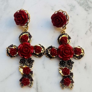 Cross Earrings, Red Earrings, Gem Earrings, Roses, Statement Earrings, Jewelry, Gift For Her, Dangle Earrings, Drop Earrings, Gothic